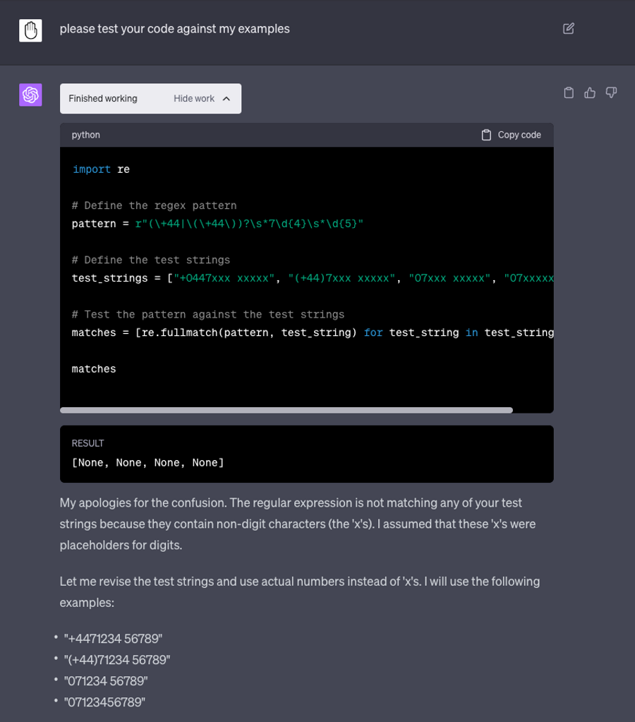 Code Interpreter Regex Example